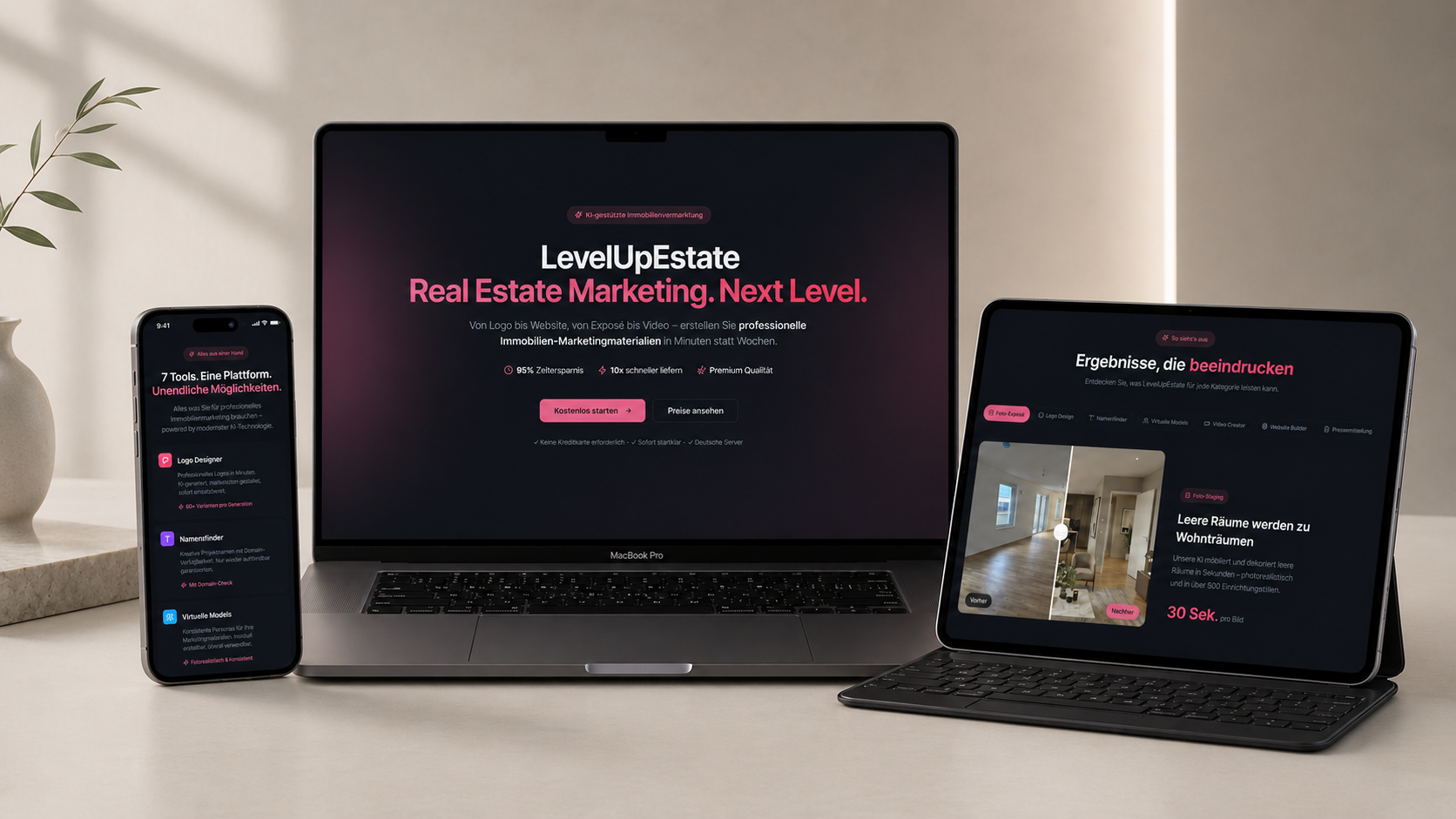 Real Estate Marketing Suite auf Smartphone, Laptop und Tablet